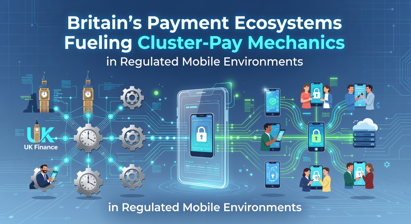 Illustration of Britain's payment networks supporting cluster-pay mechanics on mobile devices in regulated environments