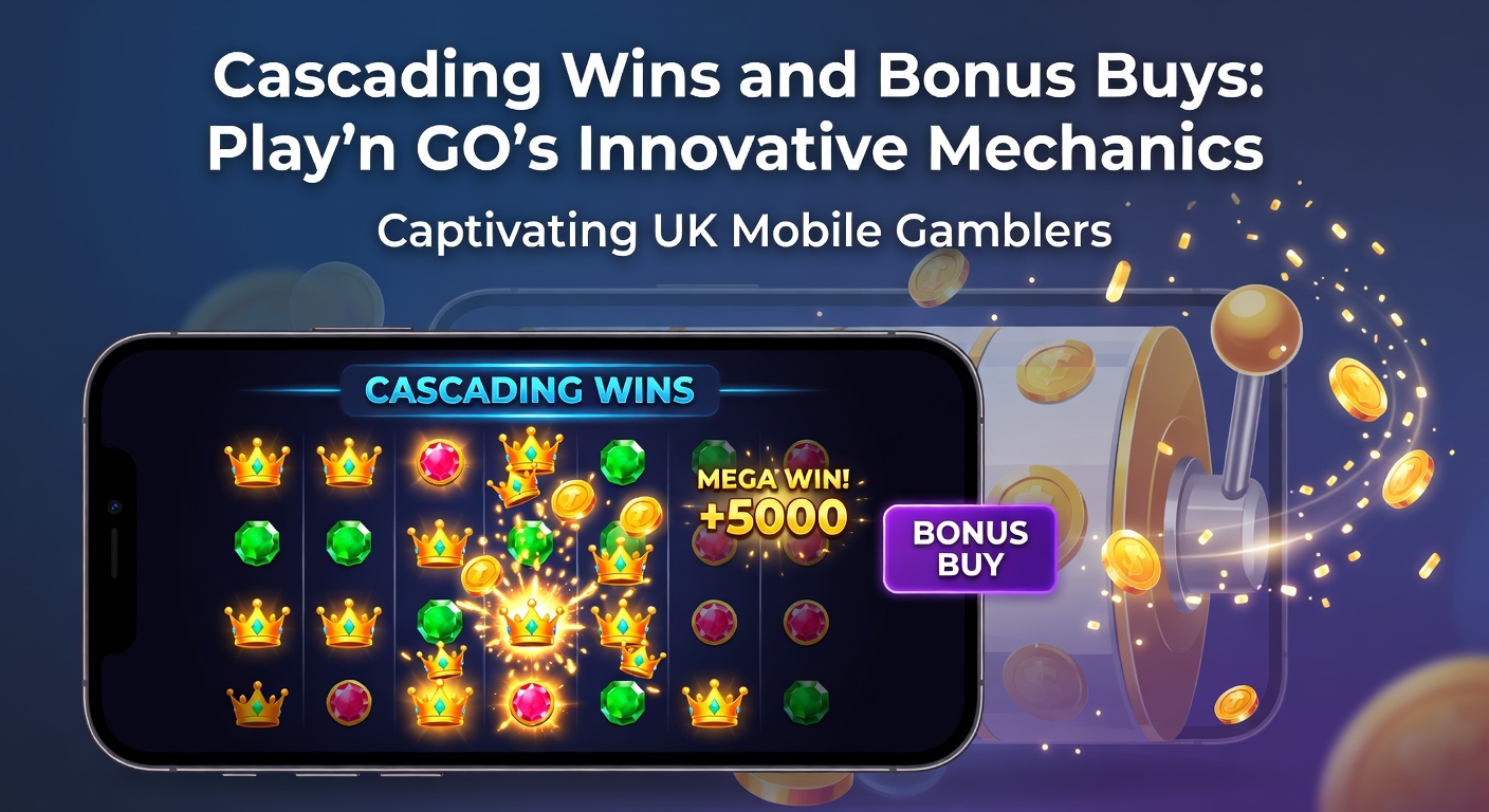 Vibrant Play'n GO slot screen showing cascading symbols exploding into new wins on a mobile device