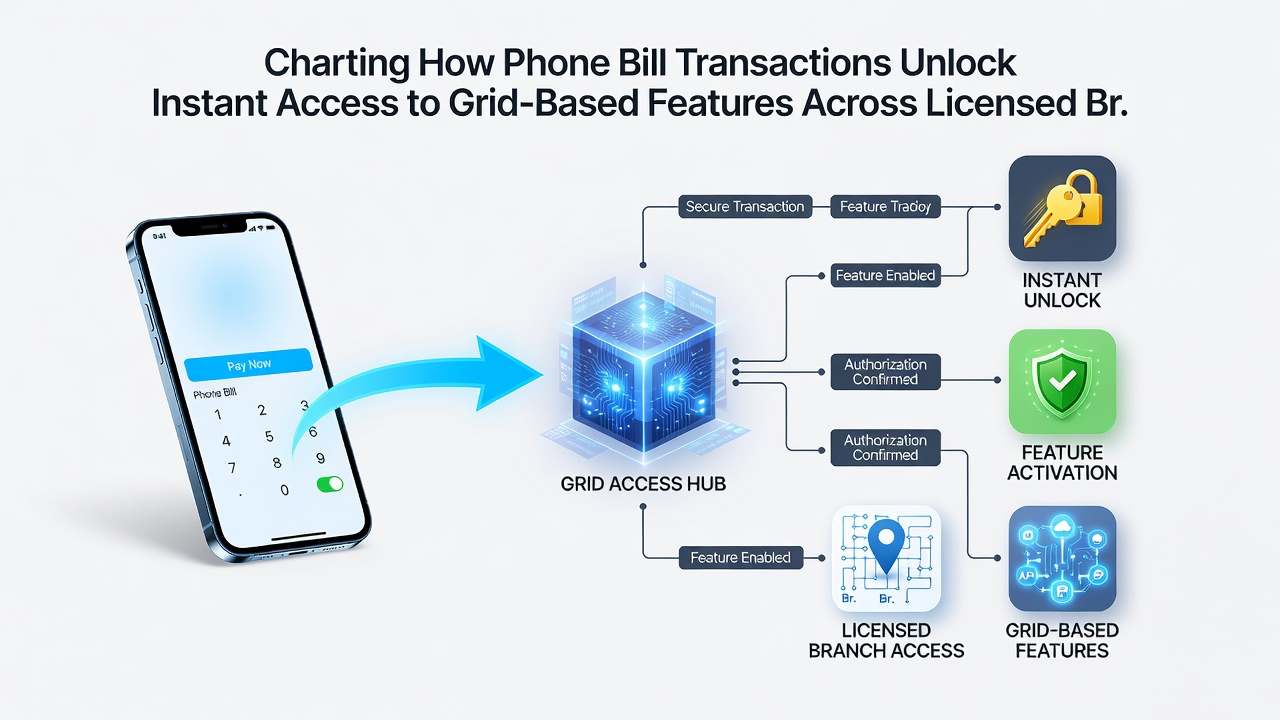 Grid slot interface displaying cluster connections and instant balance update after phone bill deposit