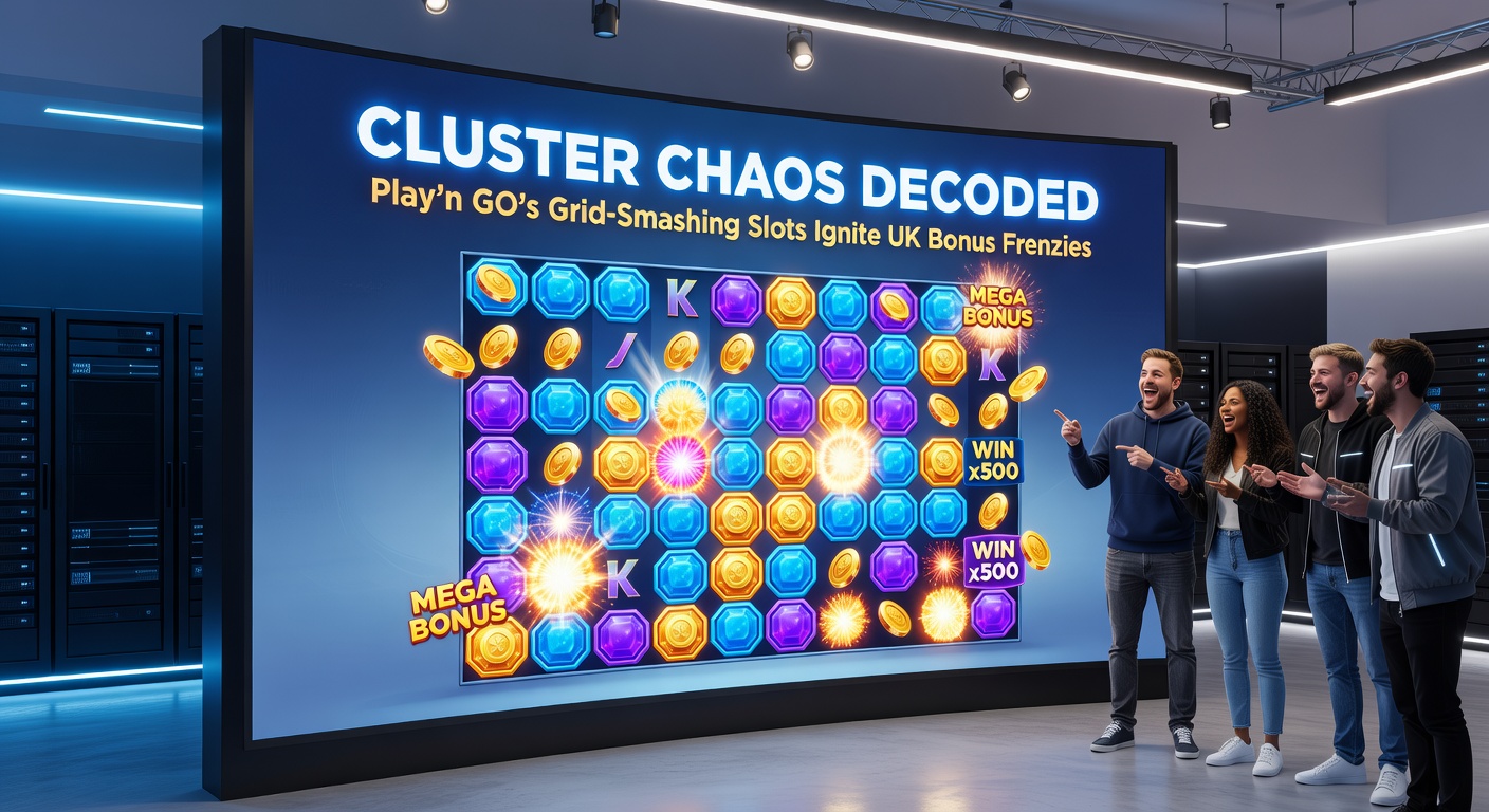 Explosive bonus round in Play'n GO cluster slot with multipliers stacking and symbols cascading wildly