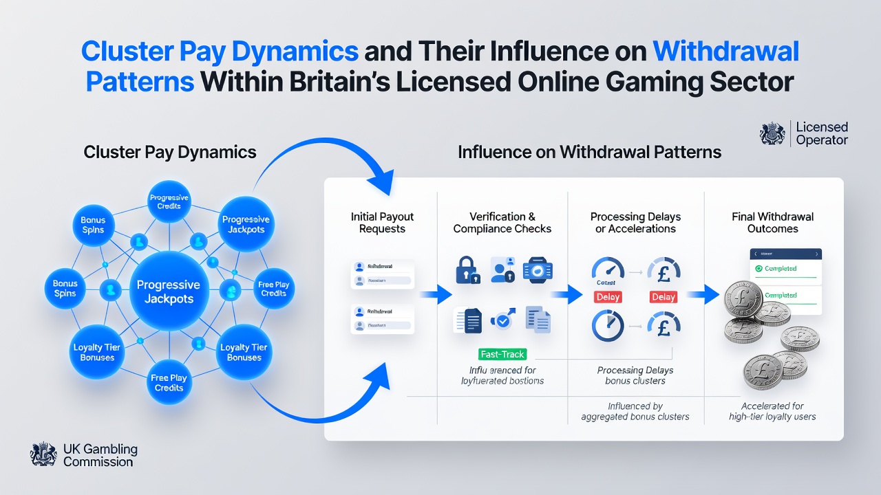 Cluster pay grid mechanics displayed on a UK-licensed online slot interface showing symbol groupings and payout indicators