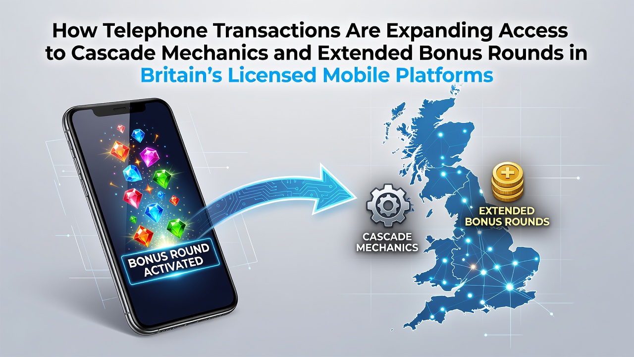 Mobile phone screen displaying a slot game with cascading symbols and active bonus round indicators on a licensed British platform
