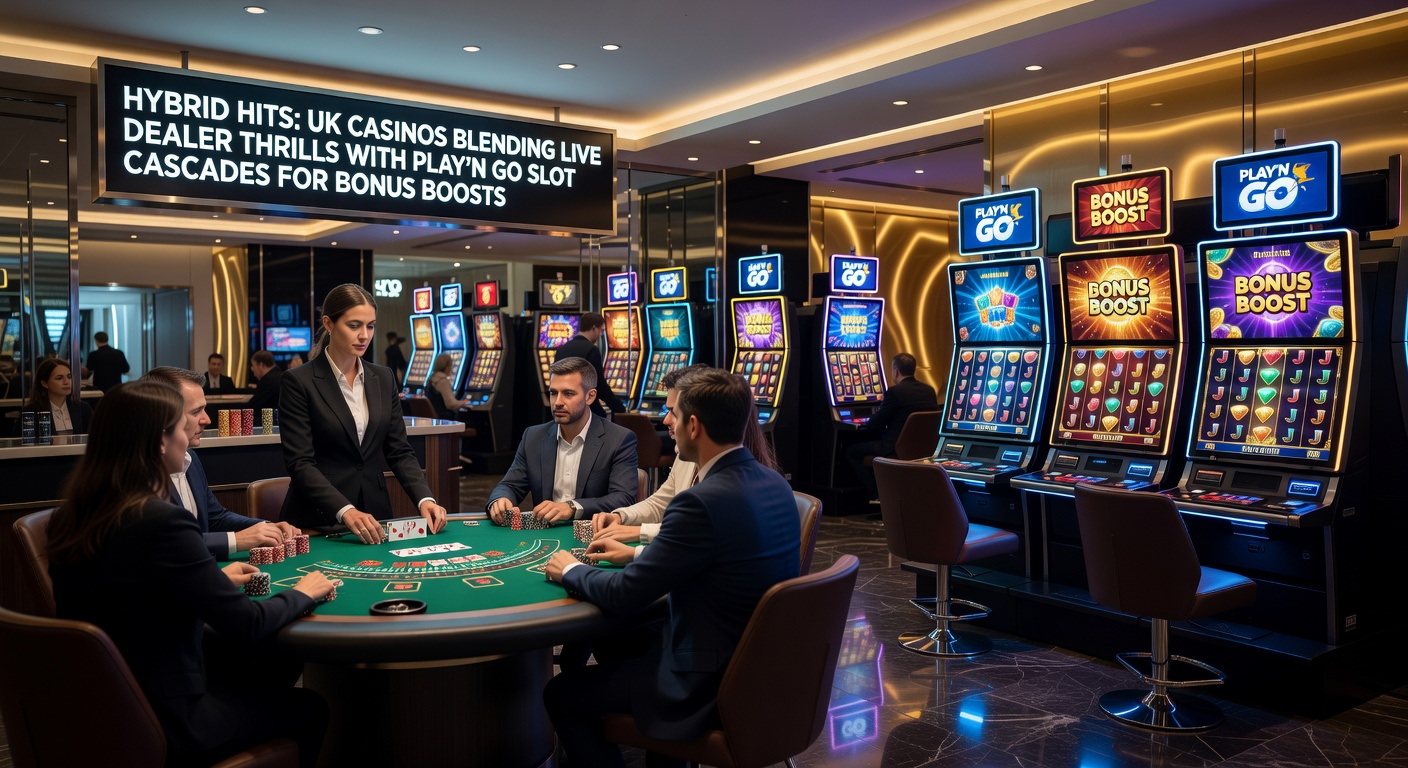 Vibrant casino floor showing live dealer tables next to digital slot screens with cascading symbols exploding in wins