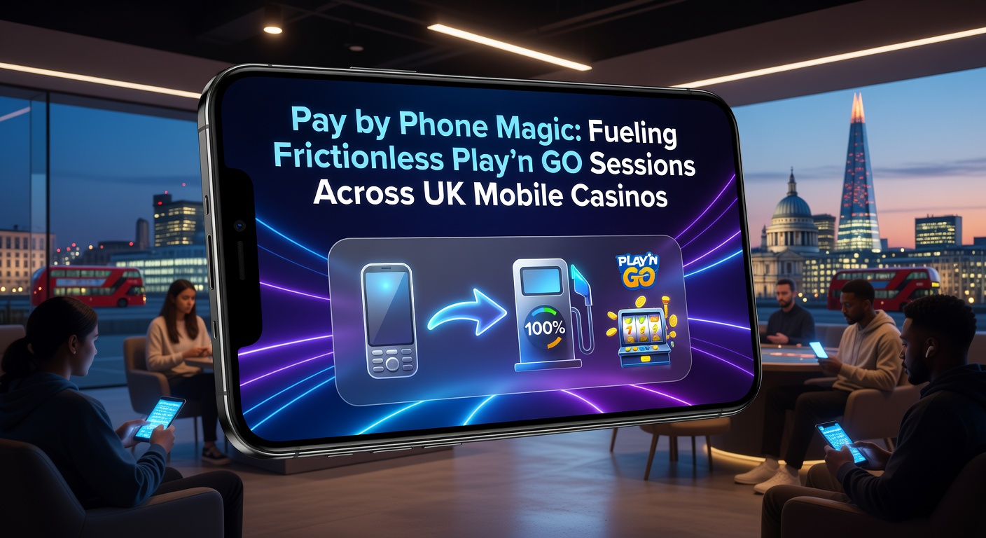 Dynamic graphic of a mobile pay by phone transaction flowing into a Play'n GO slot session, showing deposit arrow leading to exploding wins and bonus features