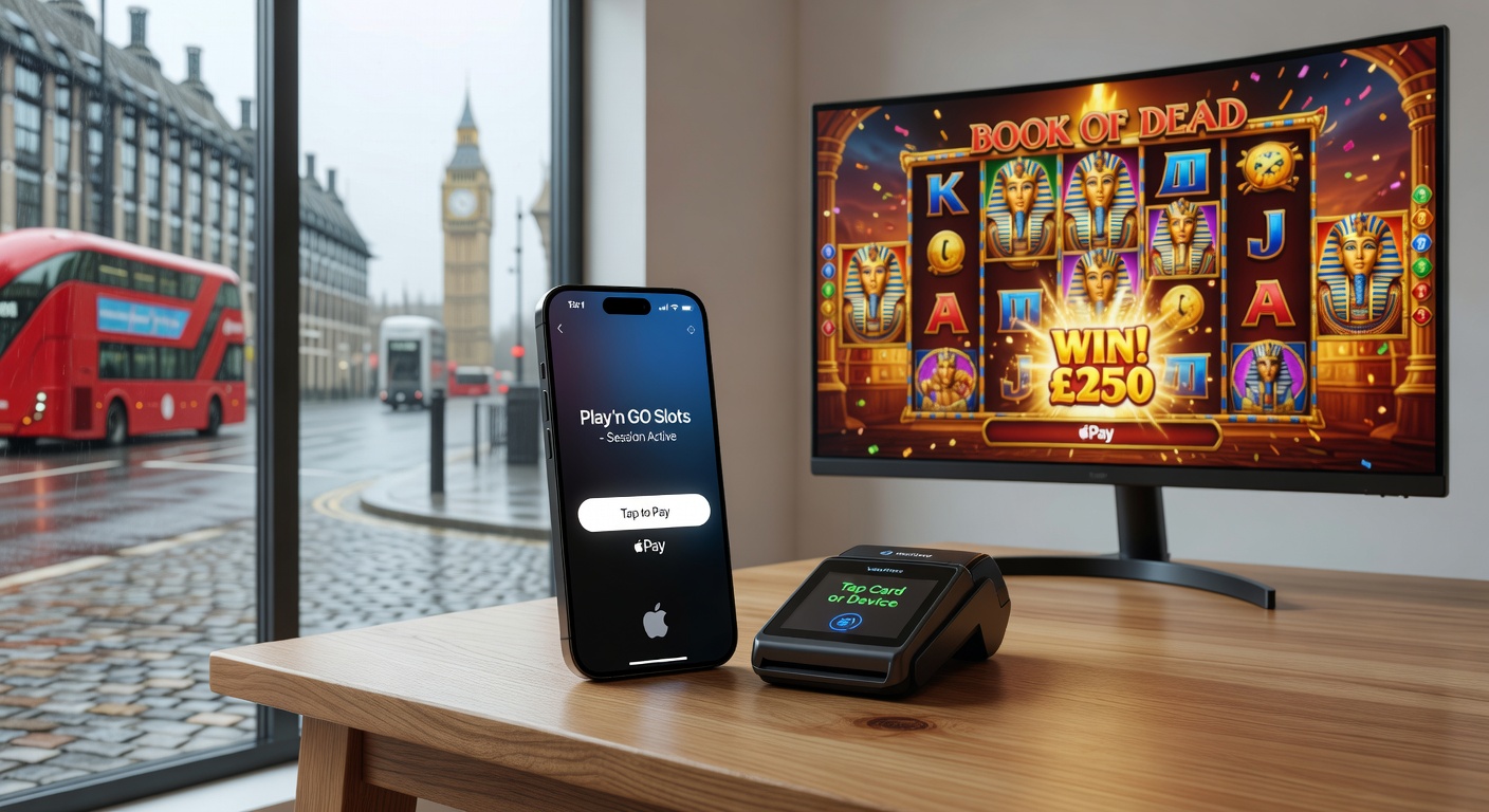 Smartphone displaying Apple Pay transaction during a vibrant Play'n GO slot session, highlighting seamless tap-to-deposit interface