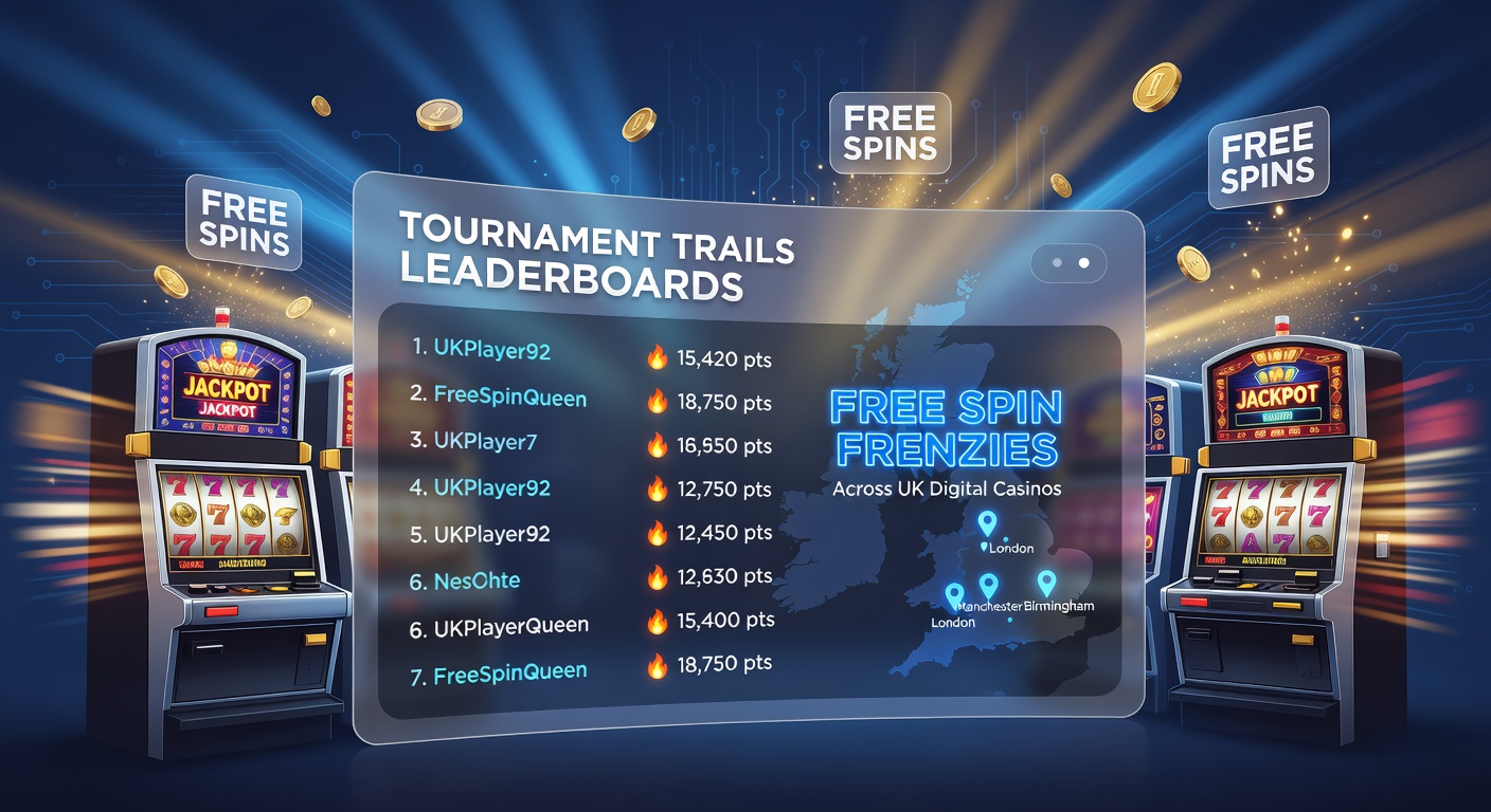 Vibrant slot leaderboard display showing top players climbing ranks amid cascading free spins and glowing prizes in a UK online casino tournament