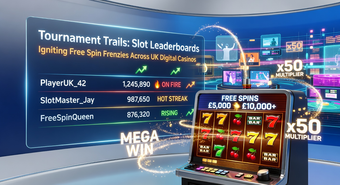 Dynamic screenshot of a UK casino slot tournament leaderboard, with players' avatars racing up ranks, free spin counters ticking higher, and jackpot notifications flashing