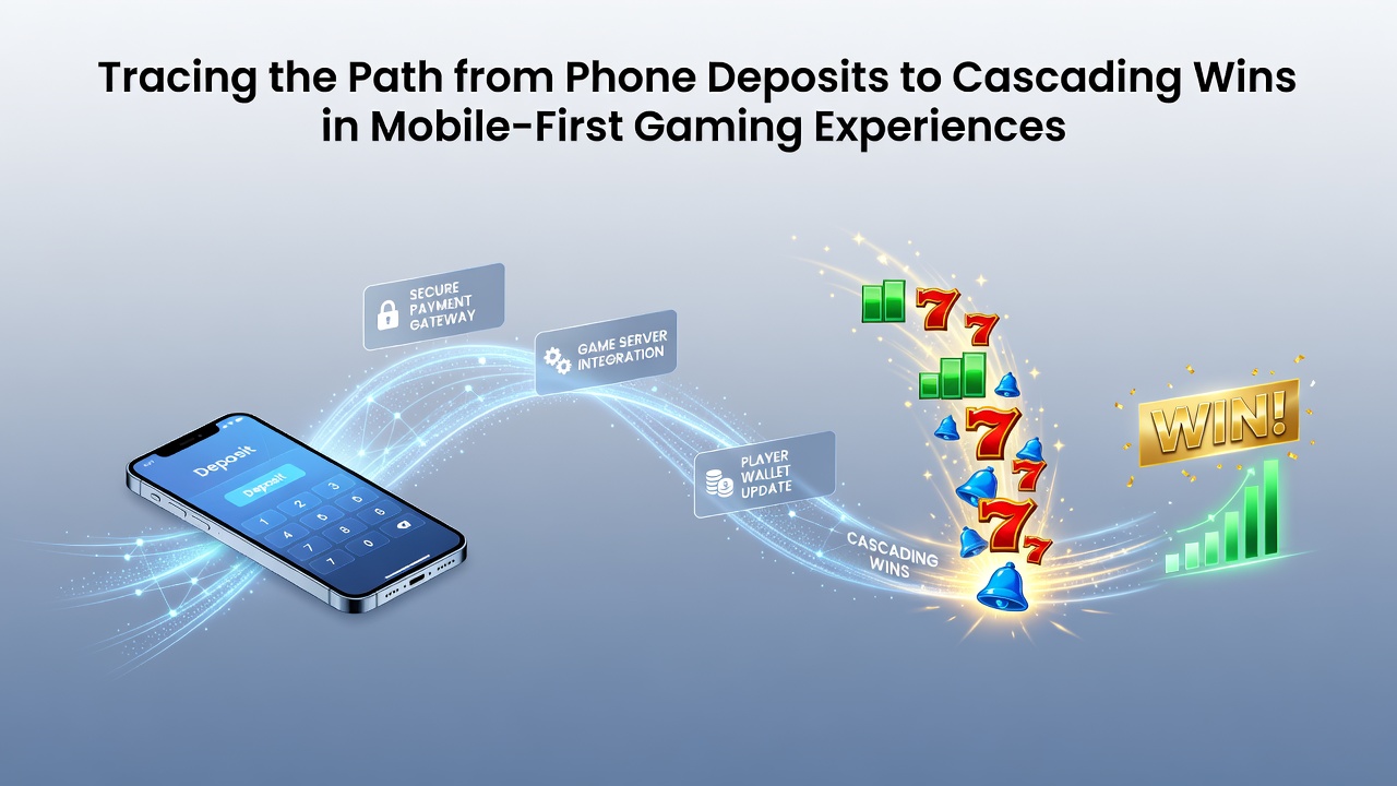 Illustration showing smartphone interface with phone deposit options transitioning into a mobile slot game screen featuring cascading symbols