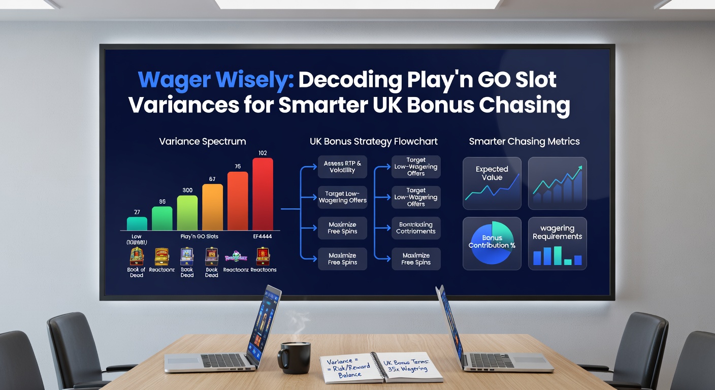 Infographic comparing bonus clearance rates across low, medium, and high-variance Play'n GO slots, with UK wagering requirement examples