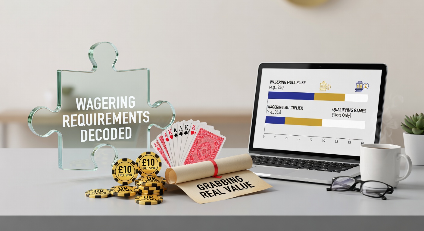 Graphic depicting a slot machine with wagering requirement chains unlocking cash prizes in UK casino promotions